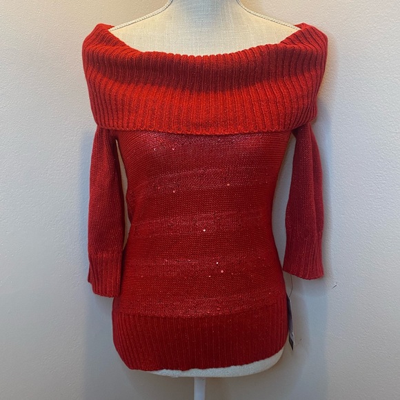 BCX Red Sparkle Off-the-Shoulder Sweater - Picture 1 of 7